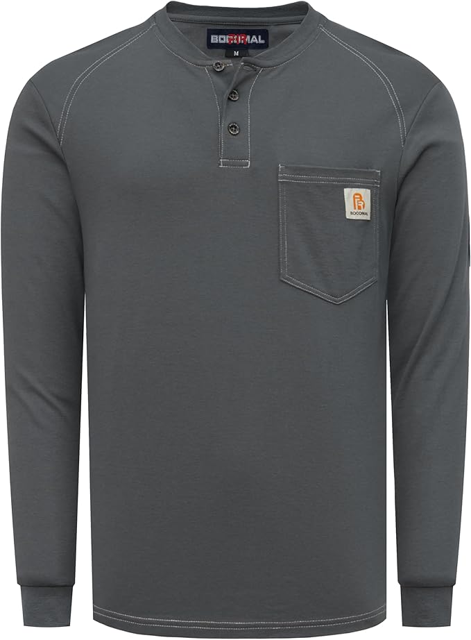BOCOMAL Men's FR Henley Shirt Flame Resistant 5.5oz Cotton Long Sleeve Workwear UL NFPA2112 CAT2 Welding Tee