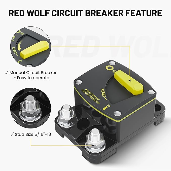 RED WOLF BS6050 50A Amp Circuit Breaker W/Manual Reset Switch DC 12-48V for Car Audio RV Marine Boat Truck Trolling Motors Stereo Audio Electronic Battery Solar System