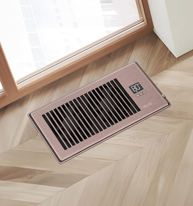 VELLEE Quiet Register Booster Fan Fits 4" x 10" (DUCT OPENING CUTOUT), 10-Speed Smart Heating Cooling AC Vent Booster Fan w/Remote Control & Thermostat Control (Vertical Grille - Bronze) - Corded