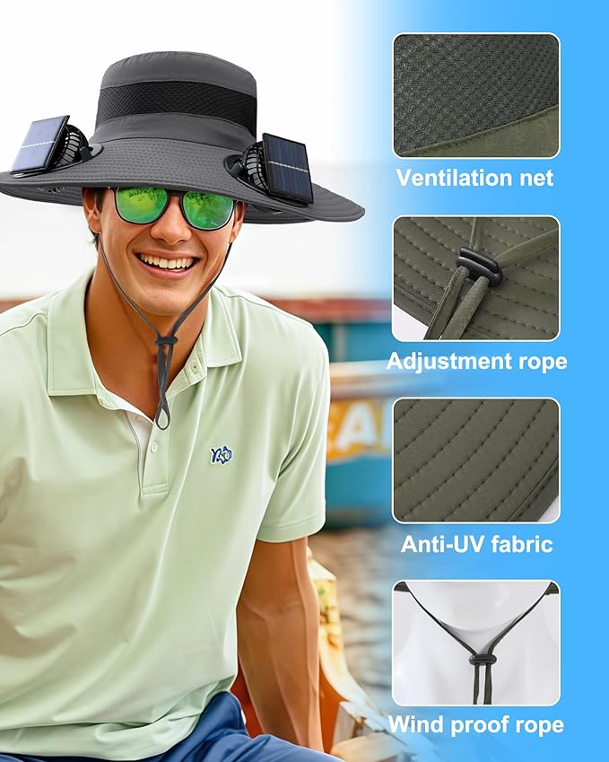 Solar Panel Powered Fan Built in Wide Brim Outdoor Fishing Hat USB Charging Men Ultralight Sun Bucket Mission Cooling Cap