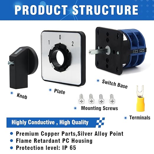 40A Rotary Changeover Switch, 660V 3 Position 2 Phase 8 Terminals, Universal Selector Switch with Yellow Fork Terminals IP65 CE 26-40/D202.2