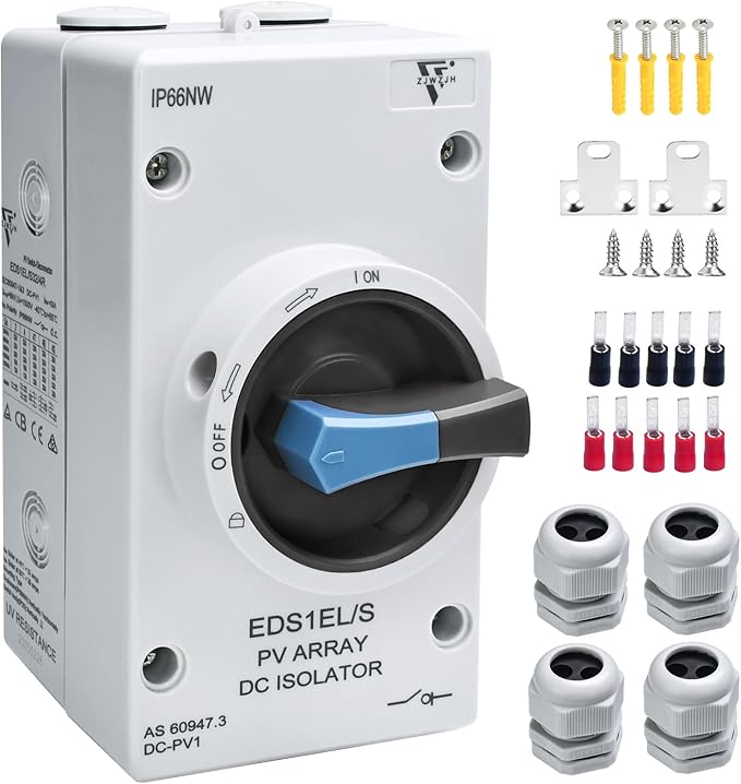Solar DC Disconnect Switch 2-Pole DC1500V 32Amp Isolator Switch with Waterproof IP66 Enclosure for Rooftop Solar Systems, RVs and Boat 1-in 1-Out