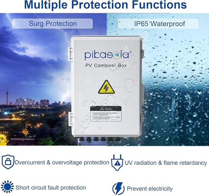 Pikasola PV Combiner Box, 6 String Solar Combiner Box with 15A LED Fuse, Lightning Arreste and 63A Air Circuit Breaker，Combiner Box for Solar Panel On/Off Grid System, IP65 Water Resistant