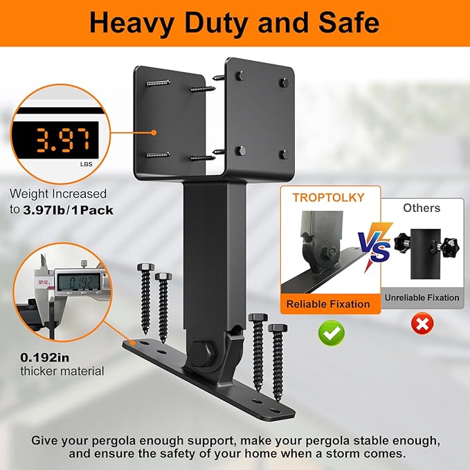 4x4 Heavy Duty Roof Riser Brackets Kit, TROPTOLKY Adjustable Angle Pergola Brackets, Black Metal Roof Riser Beam Bracket for Roof Pergola Gazebo Patio Cover (3 Pack)