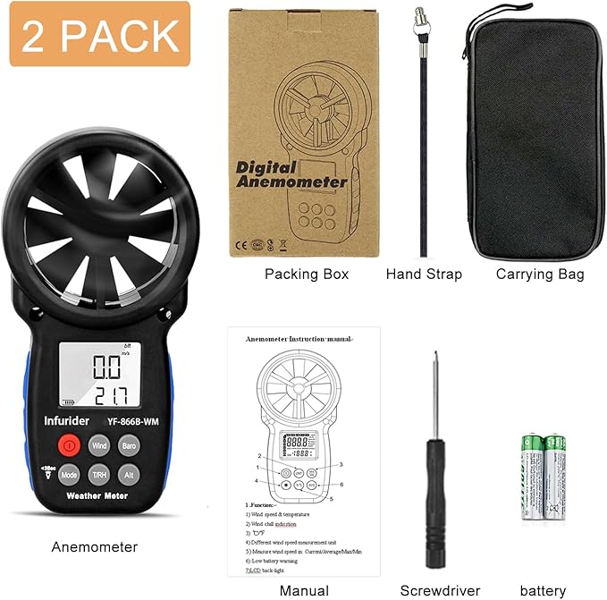[2 PCS] HoldPeak Handheld Anemometer Barometer, Weather Meter for Wind Speed, Temperature, Humidity, Dew Point, Altitude, Barometric Pressure, Wind Chill Measuring, Digital Wind Guage 866B-WM