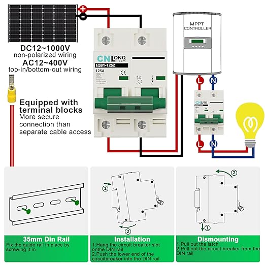 DC Miniature Circuit Breaker 125 Amp Solar Disconnect Switch DC1000V AC400V 2P MCB for PV, UPS, RV Battery, DIN Rail Mount
