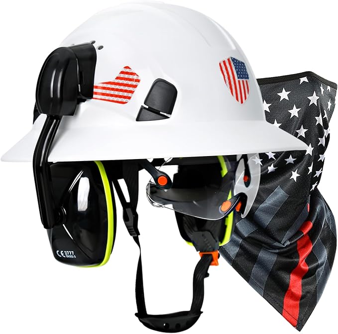 Full Brim Hard Hats Construction OSHA Approved with Visor-Vented Hard Hat with Neck Gaiter with Ear Loops,Safety Hard Hats for Men with Chin Strap ANSI Z89.1 Type 1 Class C,6-pt Suspension