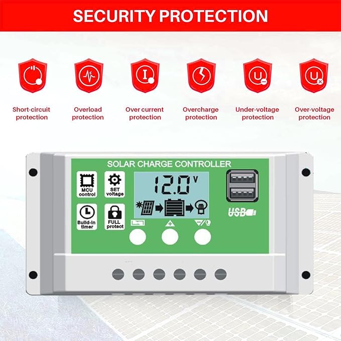 30A 12V 24V PWM Solar Charge Controller Lithium Battery Charge Controller Compatible with Lead Acid/ Lithium-ion/ Lithium Iron Phosphate Battery