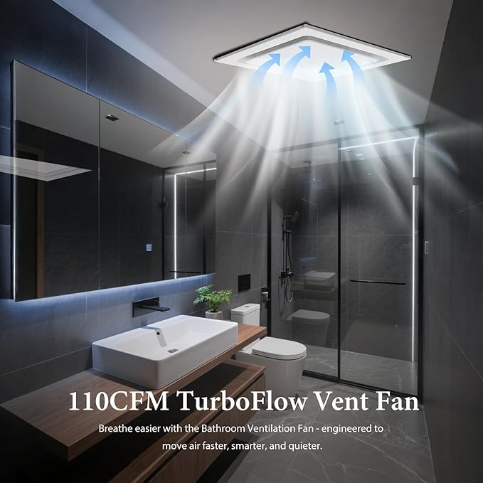 Bathroom Exhaust Fan 10" Panel Ultra Quiet without Light（8x8 Mount）, 110CFM, 4" Duct for Bathroom/Garage/Home