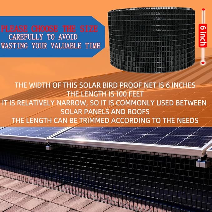 Solar Panel Bird Guard Black PVC1/2 inch 6in * 100FT Anti Bird roll mesh kit with 70 Sets of Fasteners Critter Guard for Solar Panels can Prevent Pigeons Birds from Entering The Interior