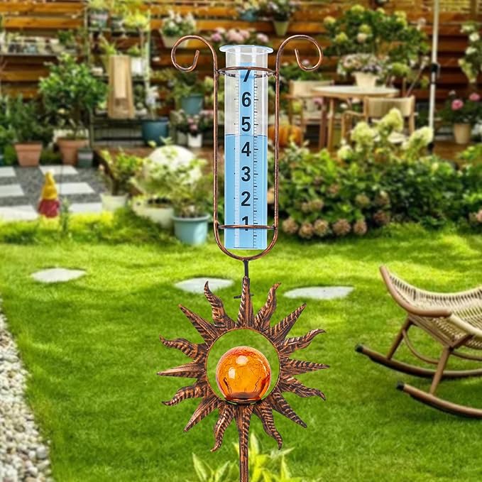 MUMTOP Rain Gauge Outdoor, 34 Inch Large Number Solar Lights Sun Water Gauge for Lawn, Yard and Garden