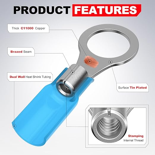 AIRIC 12-10 AWG - #10 Heat Shrink Ring Terminals, Copper Terminal Connector Ends, Battery Cable End Lugs, Yellow Insulated Electrical Crimp Wiring Connectors, Wire Lug for 12, 10 Gauge Wires, 50 PCS