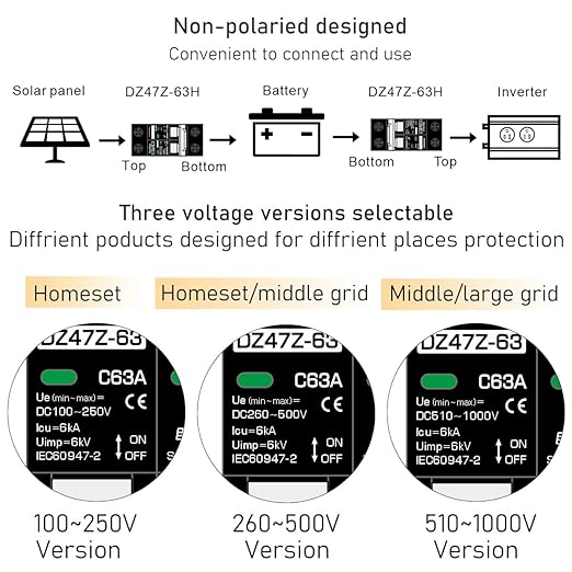 DC 260V 500V 600V 800V 1000V Circuit Breaker MCB Solar Panel Protector PV System Battery Discharge Protector Automatic AC DC Univesal Thermomagnetic Black Color (20A)