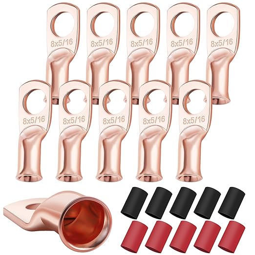 XHF10PCS 8 AWG-5/16 Heavy Duty Battery Lugs with 3:1 Heat Shrink Tubing, Ring Terminals Battery Cable Ends Copper Eyelets Electrical Battery Connectors