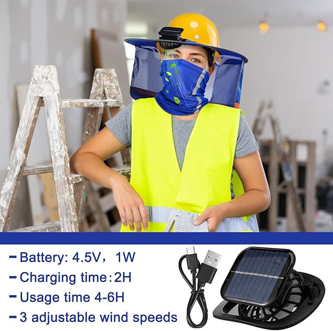 1 Set Sun Hard Hat with Solar Fan Shade Full Brim Hard Hat and Neck Sunshade Cover High Visibility Full Brim Mesh with Reflective Strip for Outdoor Summer Protection