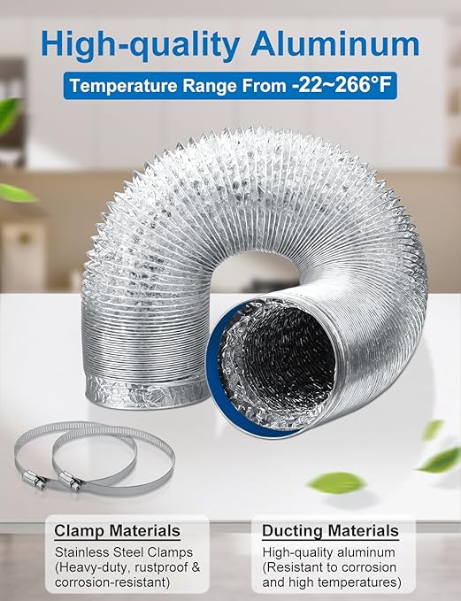 Wathai 4 Inch Flexible Dryer Vent Hose, 10ft Thick Aluminum Foil Ducting Kit for Tight Spaces Crush-Resistant Exhaust Hose with 2 Clamps, Ventilation Duct for Dryer and HVAC Systems