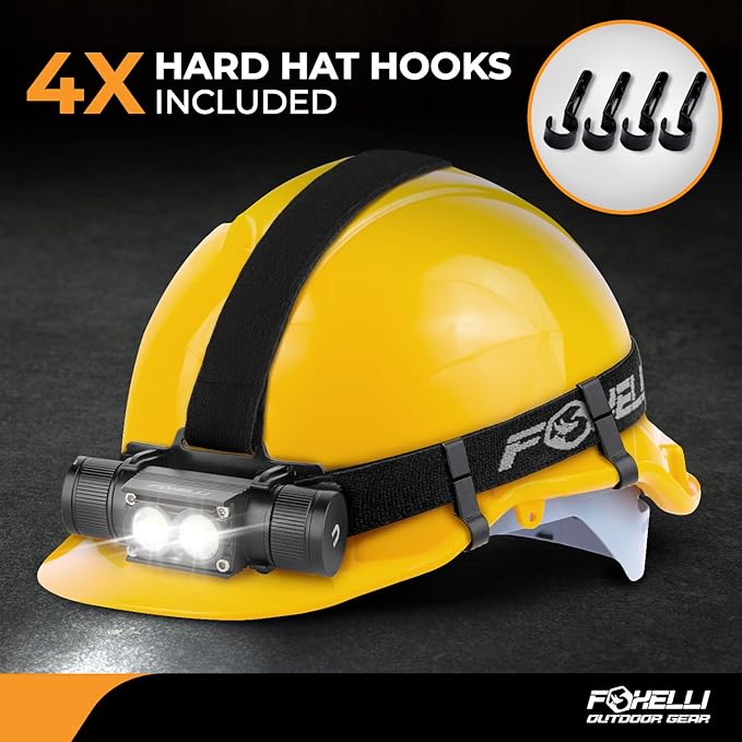 Foxelli Ultra Bright Rechargeable Headlamp – 18650 Battery, IPX7 Waterproof, 1200 Lumen LED Light for Work & Outdoors, with Battery & Hooks - Perfect for Hard Hat or Helmet