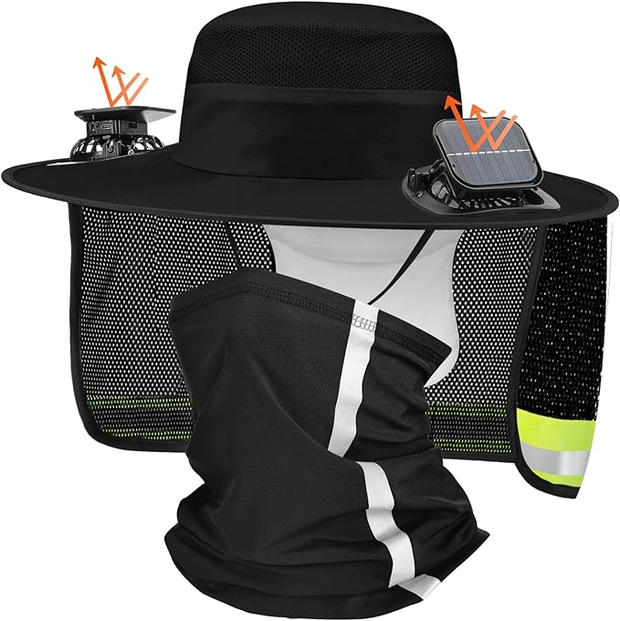 Solar Fan Hat for Men Women Sun Wide Brim Fishing Hat with Dual Power Ice Silk Neck Cover Reflective Design