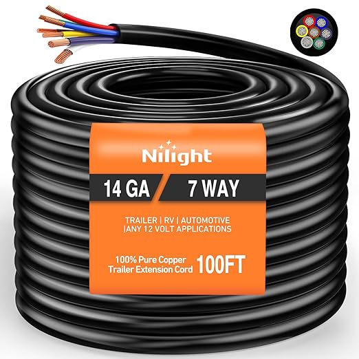 Nilight 100 Feet 7 Way Trailer Extension Cable Traditional SAE 14 Gauge 7 Conductor 100% Pure Copper Wire Insulated Heavy Duty Cord Weatherproof for 7 Pin Blade RV Automotive