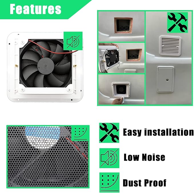 AUTOXBERT RV Side Vent Fan, 2.4W 12V One-Way Silent Wind Air Ventilation Exhaust Fan for Caravan, Motorhome, Camper, White