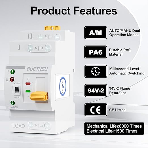 ATS Dual Power Automatic Transfer Switch, 2P 63A 110V Manual Transfer Switch, Uninterruptible Millisecond-Level ATS, 50/60 Hz, White, CE