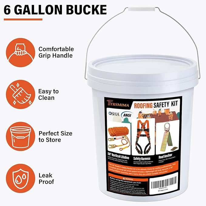 Safety Harness Fall Protection Kit - Roofing Harnesses 50ft Safety Rope Lanyard Kit 5 Gallon Bucket Kit Roof Top Anchor Construction Work 20pcs Nails Included