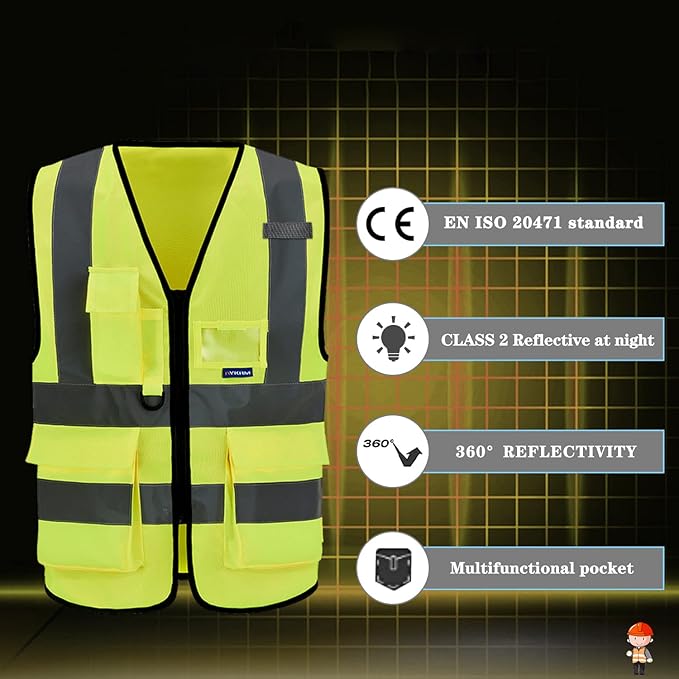 Reflective Security Safety Vests Heavy Duty with 7 Pockets and Front Zipper