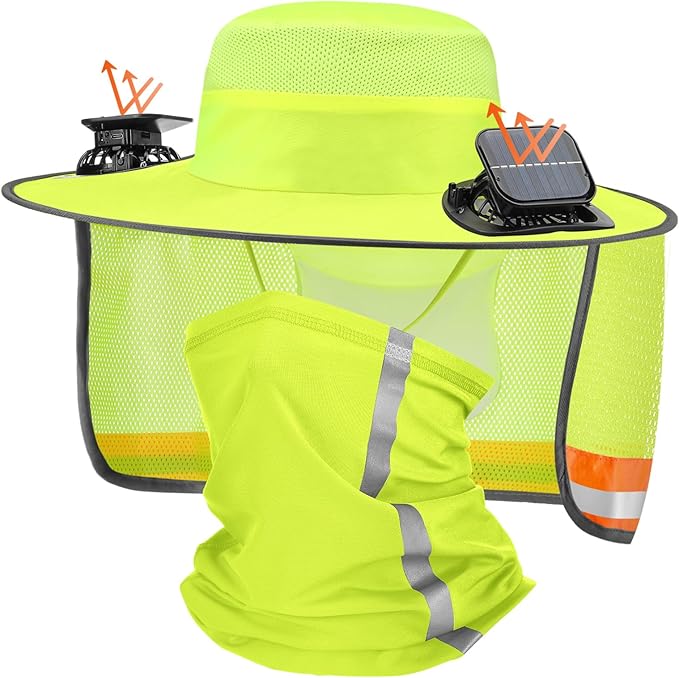 Solar Fan Hat for Men Women Sun Wide Brim Fishing Hat with Dual Power Ice Silk Neck Cover Reflective Design