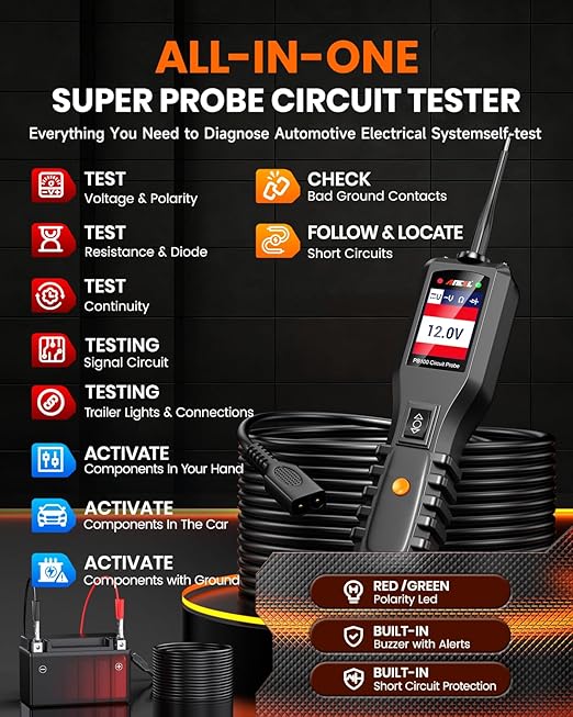 ANCEL PB100 Automotive Power Circuit Probe, 12-24 VDC Car Electrical Diagnostic Tool, AC/DC Voltage Current Resistance Short Detection, Trailer Fuse Tester, Digital Voltmeter Ohmmeter, 40FT Cables