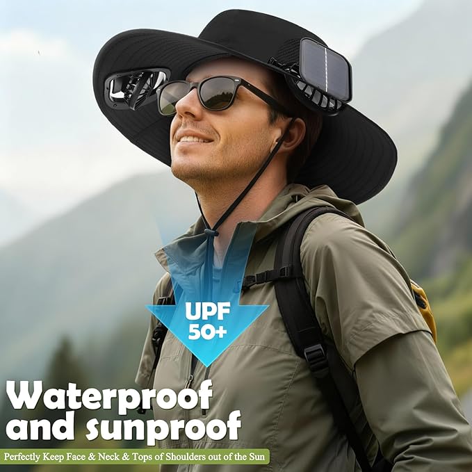 Berlune Men Sun Hat with 2 Solar Fans Wide Brim Outdoor Fishing Hat USB & Solar Powered for Sun Protection Camping Hiking