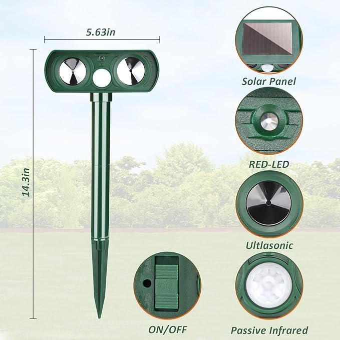 4 Pack Solar Ultrasonic Animal Repellent Outdoor Deer Repellent Devices Dog Repellent, Motion Activated Animal Cat Deterrent for Squirrel, Skunk, Rabbit, Dog in Yard Garden