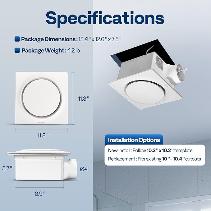 VIVOHOME AutoFlow Bathroom Exhaust Fan with Humidity Sensor (160-110-30CFM) - Energy-Saving EC Motor,10.2-inch Ceiling Retrofit Bath Fan, No Attic Access Needed(Install Kit, 4-in Duct Included)
