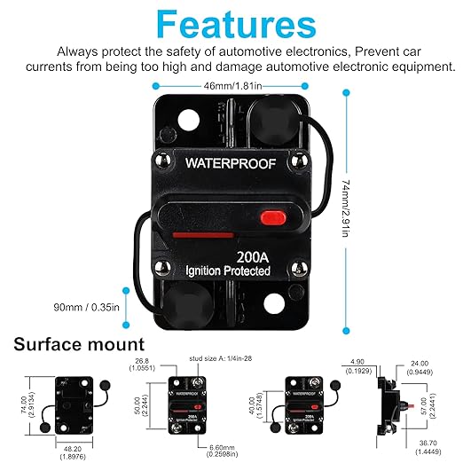 Generic 200 Amp Waterproof Circuit Breaker,with Manual Reset,12V-48V DC,30A-300A,for Car Marine Trolling Motors Boat ATV Manual Power Protect Audio System Current Overload Protection