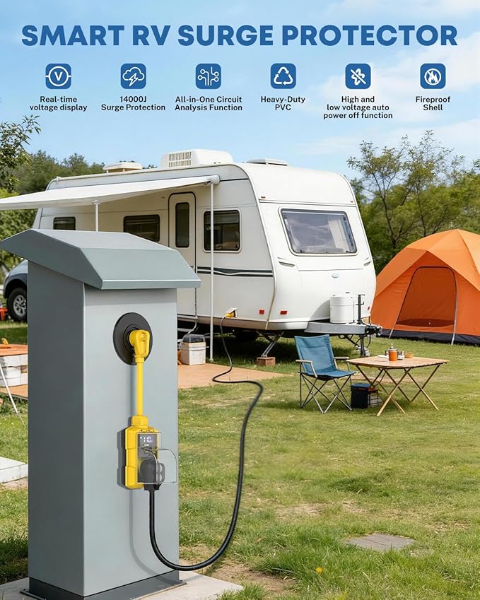 Kohree RV Surge Protector 30 Amp, 14000 Joules Power Surge Voltage Protection, RV Adapter Plug with Waterproof Cover Auto Shut Off LED Display Circuit Analyzer for Travel Trailers Camper-30A Yellow