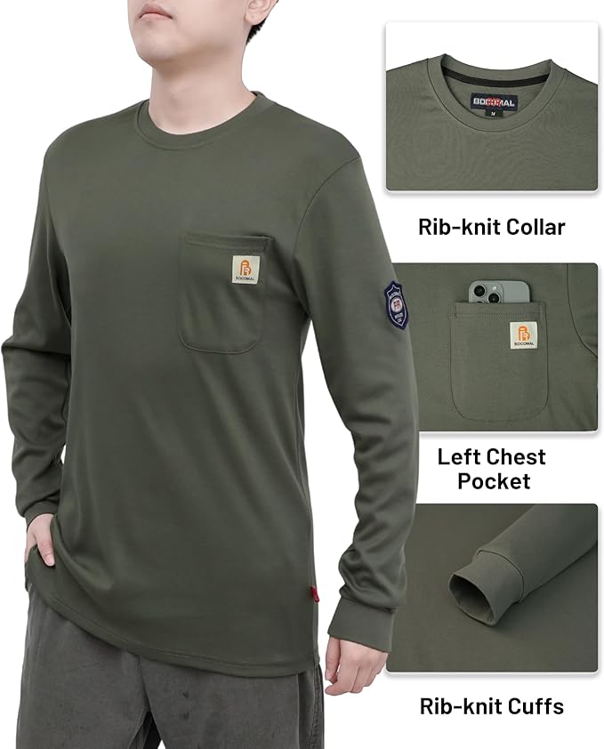 BOCOMAL FR Shirts Crewneck 7oz Midweight Flame Resistant Clothing NFPA2112 CAT2 Men's Fire Retardant Work Shirt