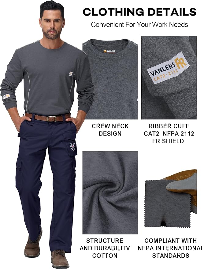 FR Shirts for Men CAT2/HRC2 6.5oz Lightweight Fire Resistant Shirts for Men Long Sleeve Crewneck T-Shirt