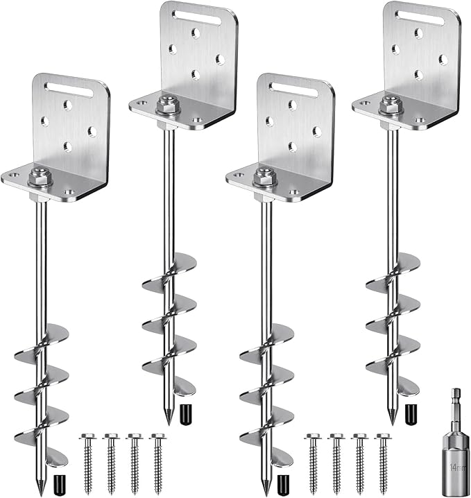 18'' Ground Anchors Screw in Earth Anchor 10mm Solid Steel with L Bracket for Trampoline Shed Carport, 2" Helix Blade & Chrome Plated Finish