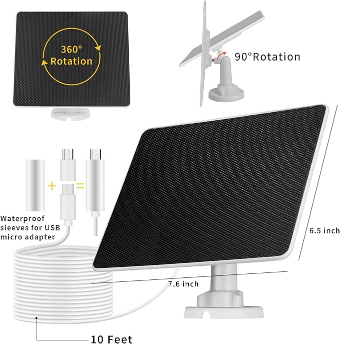 LIYVZ 5W Solar Panel for Security Camera Outdoor, USB-C & Micro-USB Compatible, IP66 Waterproof, 360° Adjustable Bracket, 10ft Cable, Continuous Solar Power for Rechargeable Battery Cameras