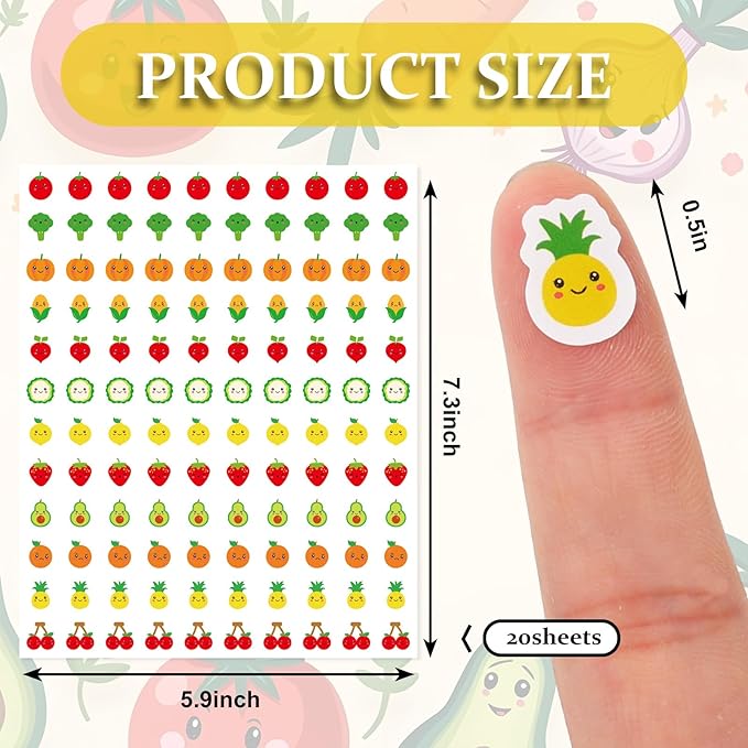 JarThenaAMCS 2400Pcs Mini Fruit Vegetable Sticker Smile Face Paper Decal 12 Cute Designs Adhesive Sticker for Planner Envelope Scrapbook DIY Supplies, 0.5 in