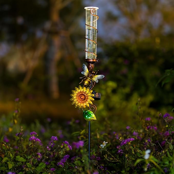 Rain Gauge Outdoor, Solar Rain Gauges for Yard, Freeze Proof Rain Gauge with 7" Plastic Tube, Bee Metal Decorative Garden Stake with Led Light, Yellow