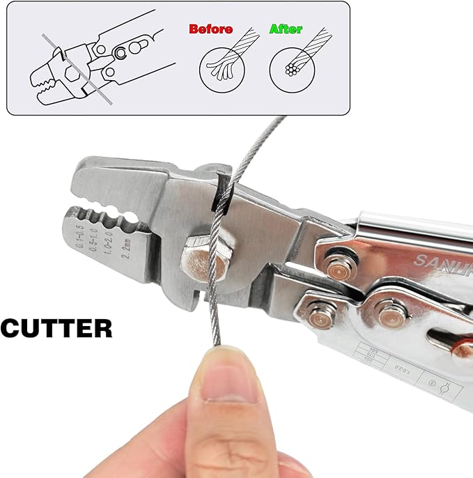 Sanuke Wire Rope Crimping Tool for 3/64 5/64 1/16 Wire Rope with 304 Stainless Steel Cable 3 Sizes 33FT and 150pcs Sleeves Stops, 10pcs Thimble