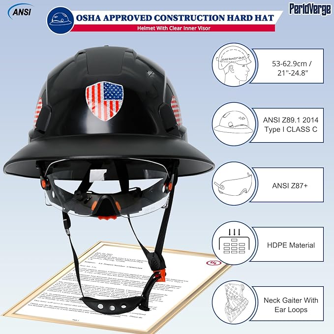 Full Brim Hard Hats Construction OSHA Approved with Visor-Vented Hard Hat with Neck Gaiter with Ear Loops,Safety Hard Hats for Men with Chin Strap ANSI Z89.1 Type 1 Class C,6-pt Suspension