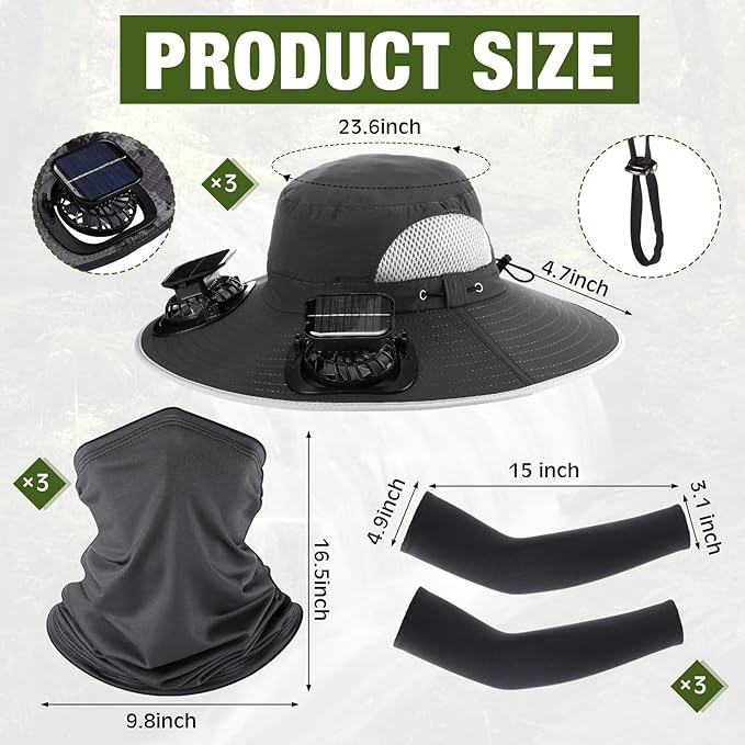 Syhood Solar Powered Fan Hat with Arm Sleeves Neck Gaiter for Men Women Outdoor Wide Brim Bucket Hat with Fan for Hiking