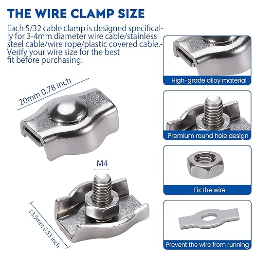 20PCS 5/32 Inches M4 304 Stainless Steel Wire Rope Cable Clip Clamp, Reusable Simplex Single Bolt Wire Rope Clips for 1/8Inch (1.5mm-3mm) Diameter Wire Cable/Wire Rope, Wire Clamp Tool for Outdoors