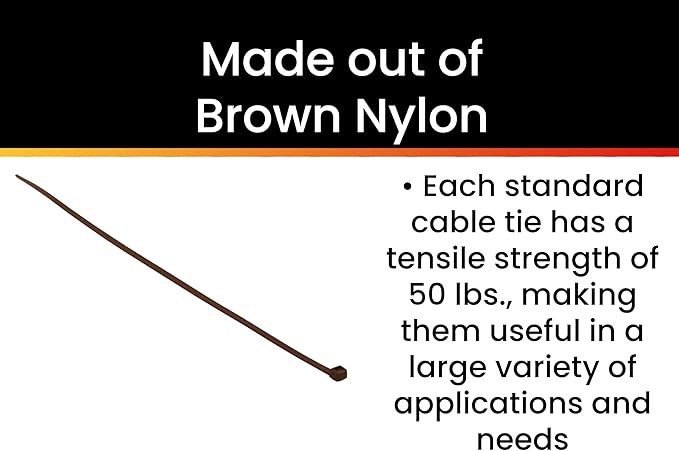 Pro Tie Standard Duty, Self-Locking UV Nylon Cable Wire Ties for Indoor and Outdoor Use |14.6-Inch, 50 lbs. Tensile Strength, Brown Nylon, 100-Pack (PN: BR14SD100)
