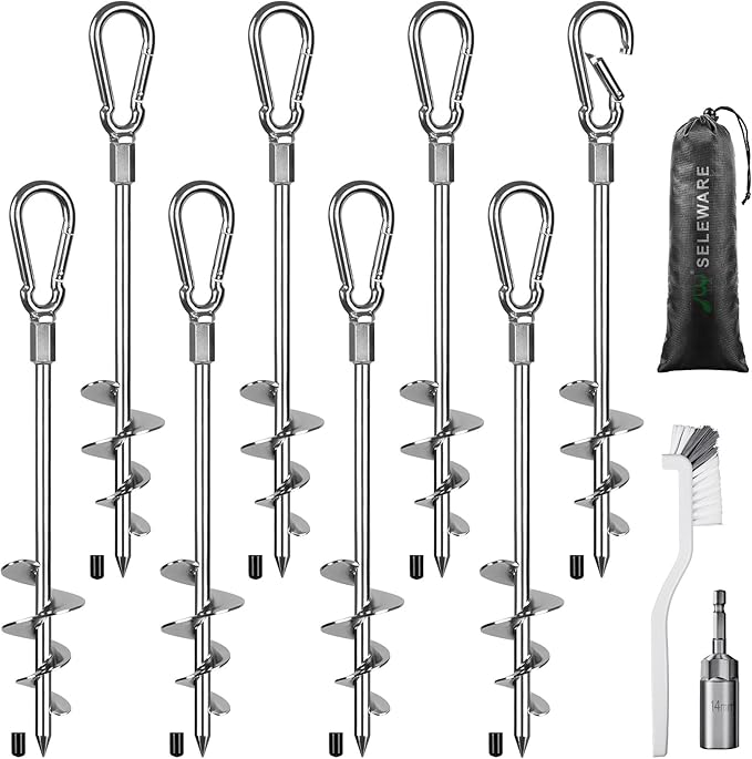SELEWARE 4 Pack Trampoline Stakes Heavy Duty Ground Anchors High Wind Trampoline Stakes Anchors Spiral Earth Anchors for Secure Animals Trampolines Tents Shed Swing Set Mobile Homes Carport