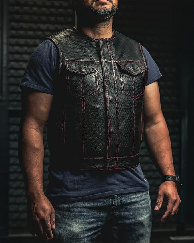First Mfg Co - Lowside - Mens Motorcycle Biker Riding Canvas, Leather, Twill, Perforated Leather Vest