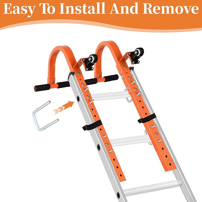 Ladder Roof Hook with Wheel Ladder Hooks for Roof Ridge, Ladder Roof Stabilizer Heavy Duty Steel, Rubber Grip T-Bar for Damage Prevention 9.4lb