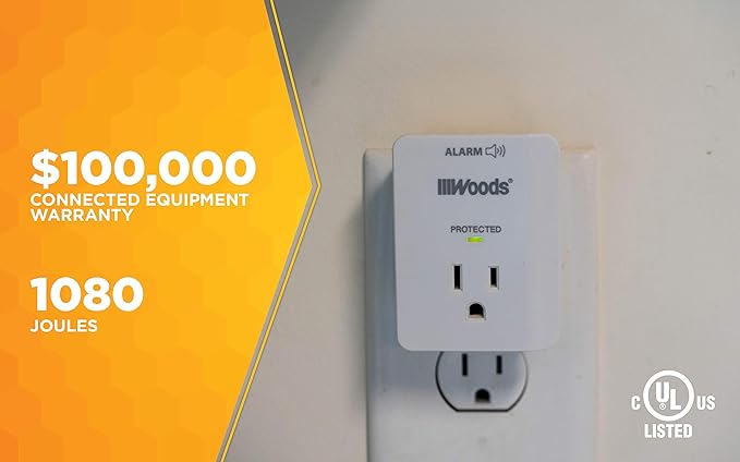 Southwire Woods Surge Protector - 1 Outlet - 1080J Appliance Surge Protection - LED Indicator Light and Alarm - Slim Space Saving Design - White - cULus Listed