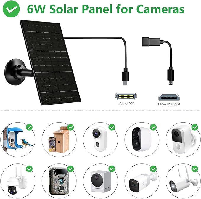 Zivif 6W Solar Panel for Security Cameras, 5V Solar Charger Compatible with Rechargeable Battery Cameras, with USB-C & Micro USB Port, IP66 Waterproof, 360° Adjustable Mount & 7.2ft Cable, Black